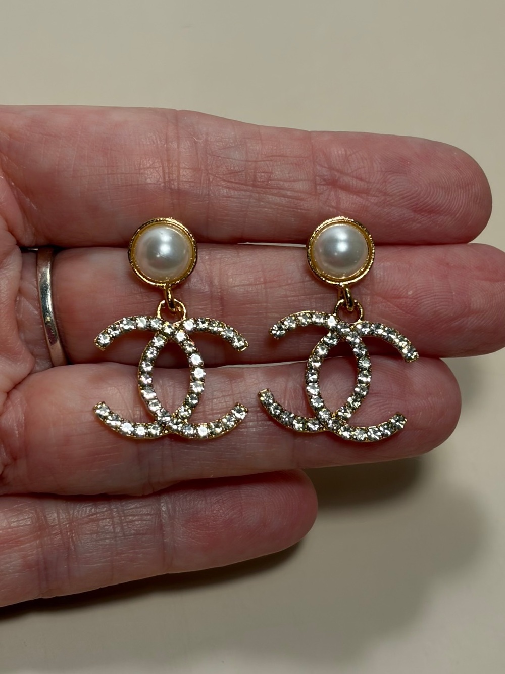 Gold Pearl & Crystal Interlocking Monogram Drop Earrings
